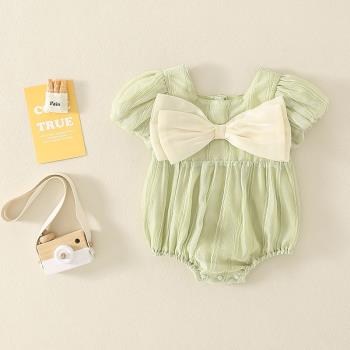 嬰兒純色連體衣夏季女寶寶透氣短袖三角包屁哈衣甜美大蝴蝶結爬服