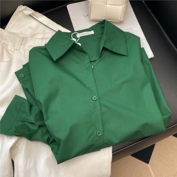 墨綠色翻領新款設計感長袖襯衫