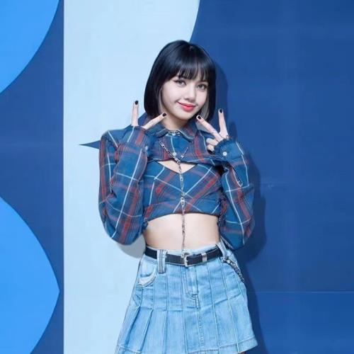 blackpink 女團lisa同款打歌服女團爵士舞演出服藍格子吊帶套裝女