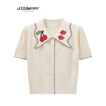 九州誠品/JZZDEMM下擺坑條娃娃領櫻桃草莓提花針織短袖薄款上衣女