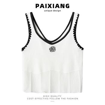 PAIXIANG/白色針織小吊帶運動背心女夏季外穿別致顯瘦山茶花上衣