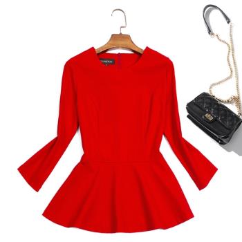秋裝優雅赫本修身小衫紅色ol通勤氣質荷葉邊小裙擺七分袖上衣321
