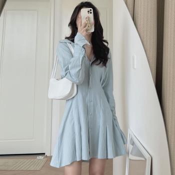 韓國chic氣質翻領壓褶顯瘦連衣裙