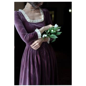 紫色絲絨方領高腰復古宮廷風長裙