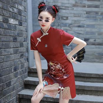 國潮復古少女日常紅色旗袍大碼胖mm短裙子中國風炸街連衣裙女夏季