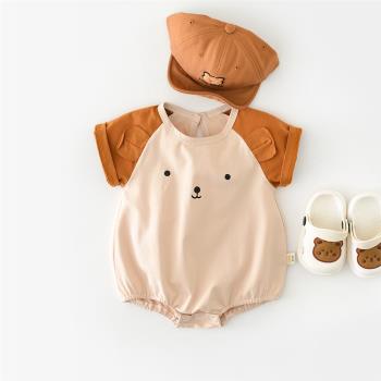 新生兒時尚拼接短款連體哈衣男女寶寶夏裝可愛熊耳嬰兒三角爬爬服