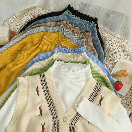 毛衣女2025秋裝木耳邊半高領長袖針織衫時尚百搭純色緊身打底衫潮