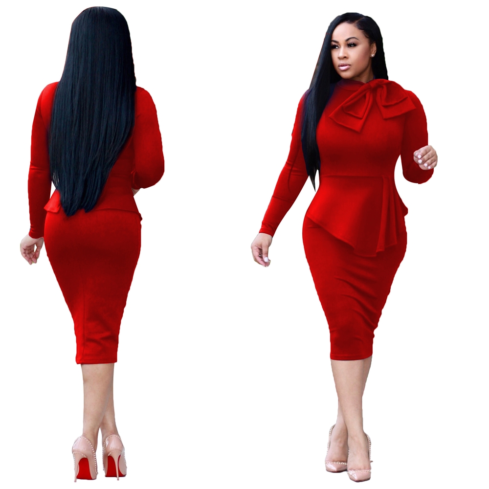 women dress Red OL Elegant Bodycon Dress Long Sleeve Dresses|會員