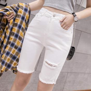 Solid color skinny and torn pants for women 緊身破洞五分褲女