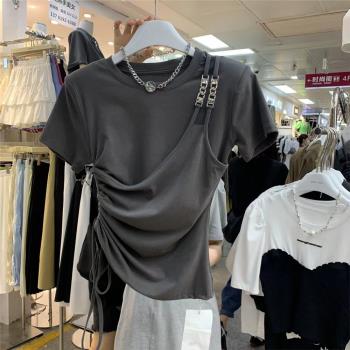 韓國東大門2023夏季新款個性設計感抽繩褶皺鏈條假兩件T恤上衣女