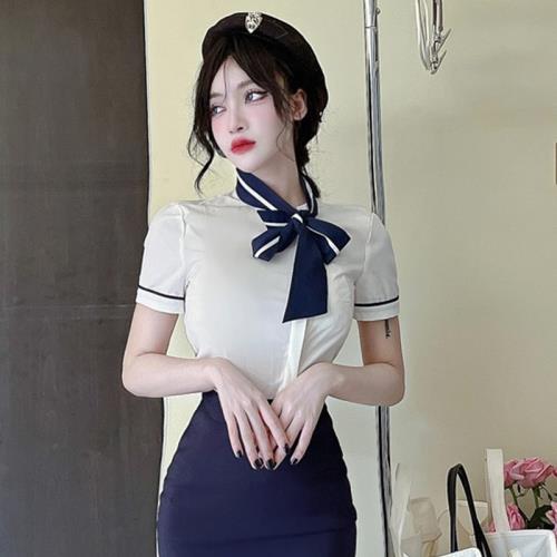 空姐制服職業白襯衫女夏季短袖蝴蝶結修身前臺工作服領帶襯衣上衣