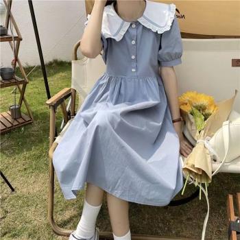 法式學院風夏季新款日系娃娃領連衣裙女學生韓版中長款百搭a字裙
