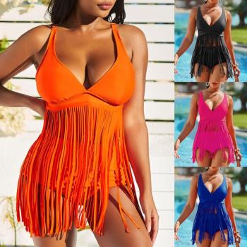Sexy backless solid color fringed swimsuit露背純色流蘇泳衣女