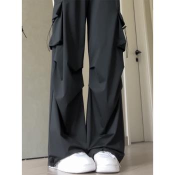 黑色工裝褲女夏季薄款美式降落傘褲小個子高腰闊腿休閑速幹運動褲
