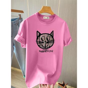 春夏季條紋貓咪上衣粉色短袖卡通