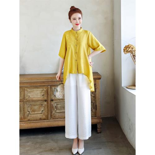 闊腿褲棉麻套裝女刺繡2024夏季新款時尚遮肚子顯瘦苧麻亞麻兩件套