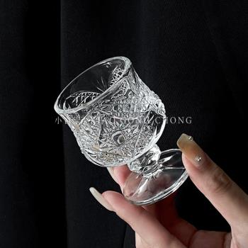 創意復古刻花白酒杯玻璃杯迷你清酒杯高腳杯侘寂風一口杯小酒杯子