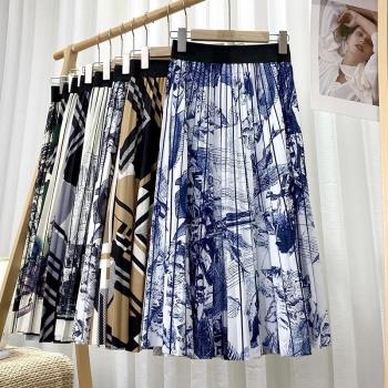 women skirt vintage 23 long blue style print a-line pleated