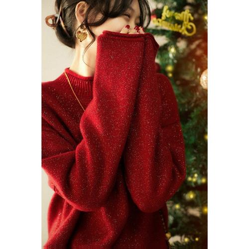 圣誕新年紅色亮片軟糯毛衣秋冬季新款洋氣減齡百搭套頭針織衫上衣
