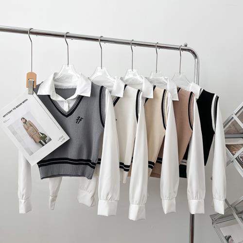 韓版學院風時尚休閑假兩件長袖襯衫拼接刺繡針織馬甲背心上衣女