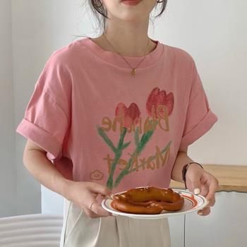 chic韓國減齡字母短袖上衣花朵
