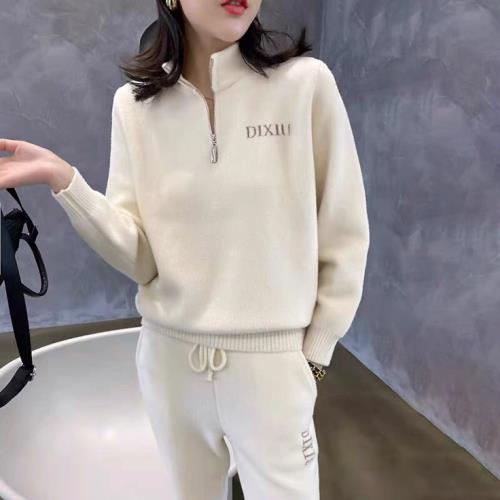 2025秋冬新款雙面仿羊絨套裝女時尚羊毛半高領拉鏈毛衣針織兩件套