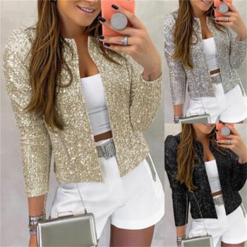 Cropped jacket with stand-up collar and sequins 立領亮片外套