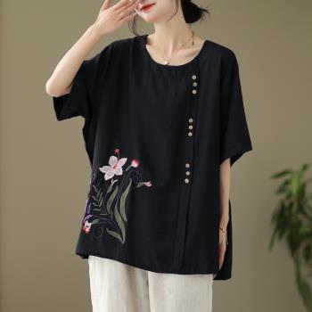 折扣夏新款寬松大碼民族風刺繡棉麻襯衫女百搭顯瘦上衣中國風中式
