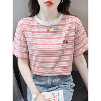 純棉粉色條紋短袖t恤女2023年夏款新款韓版寬松百搭洋氣刺繡上衣