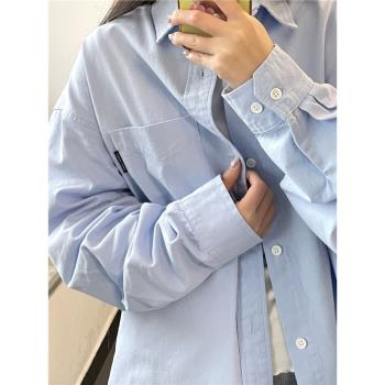 藍色長袖日系寬松外套女裝襯衫