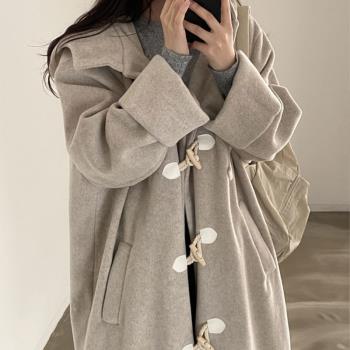 韓國chic連帽設計過膝毛呢牛角扣