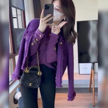 春裝溫柔風韓系高級感氣質名媛小香風紫色外套小個子時尚短款開衫