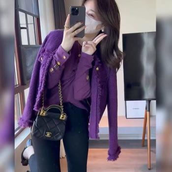 秋冬溫柔風韓系高階感氣質名媛小香風紫色外套小個子時尚短款開衫