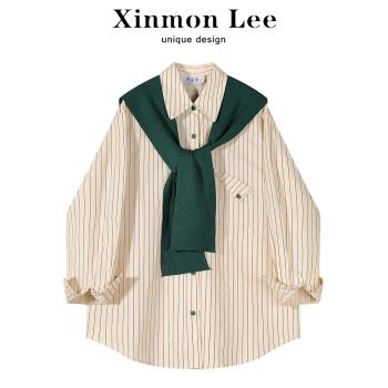 XinmonLe今年流行漂亮新款春秋季披肩條紋襯衫鹽系長袖上衣女襯衣