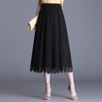 黑色雪紡裙半身裙女夏季2023新款松緊高腰顯瘦中長蕾絲花邊a字裙
