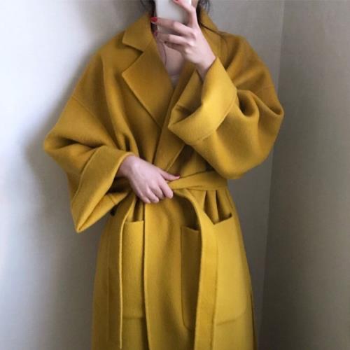 韓國chic秋冬氣質姜黃色翻領綁帶收腰寬松口袋長款毛呢外套大衣女