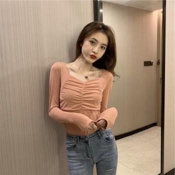 2023年女韓版新款性感方領氣質褶皺打底衫女長袖T恤修身顯瘦上衣