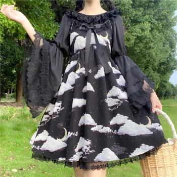 日系軟妹可愛Lolita洋裝內搭蕾絲華麗大姬袖復古水袖雪紡襯衣女夏