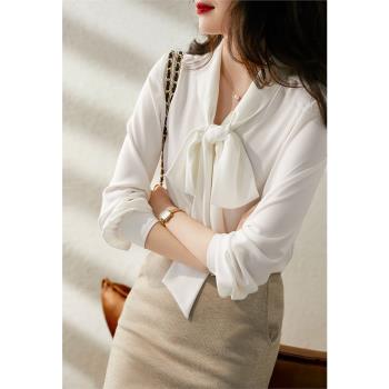 白色緞面蝴蝶結襯衫女長袖2023新款春秋季百搭時尚洋氣設計感襯衣