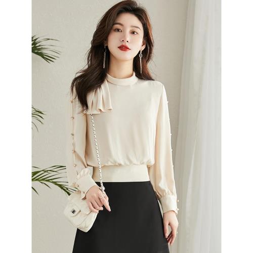 日系風格穿搭掐腰上衣女蝴蝶結圍巾領雪紡襯衫燈籠袖別致釘珠小衫