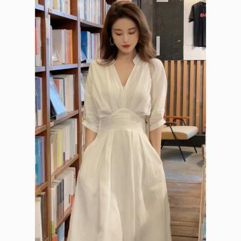 2023新款感小眾設計禮服長裙法式溫柔風氣質白色襯衫連衣裙子女夏
