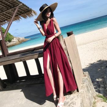 土耳其泰國酒紅沙漠顯瘦開叉長裙