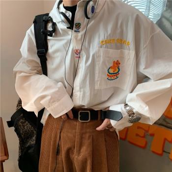 C2自制/秋季日系復古情侶純色長袖襯衣2022小熊蛋糕刺繡長袖襯衫