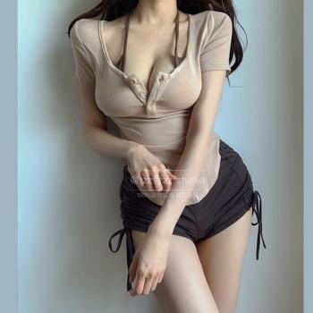 性感拼接短袖設計上衣新款假兩件