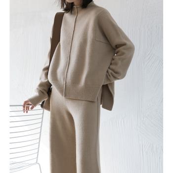 一線品牌剪標出口意大利外貿女裝女羊絨洋氣時尚毛衣闊腿褲兩件套