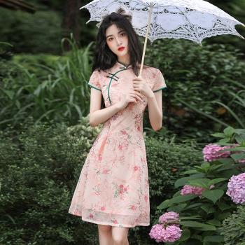 碎花少女復古夏季中長款奧黛旗袍