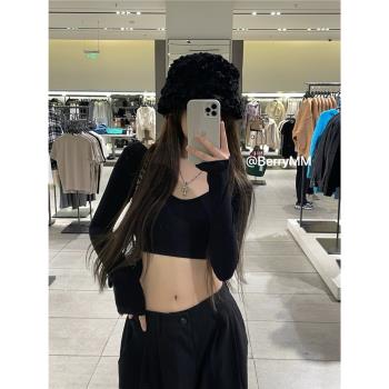 比例短款緊身長袖大U領純棉上衣