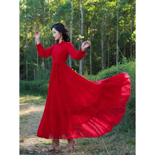 沙漠紅裙沙灘裙女三亞青海湖旅游拍照裙子海邊度假茶卡紅色連衣裙