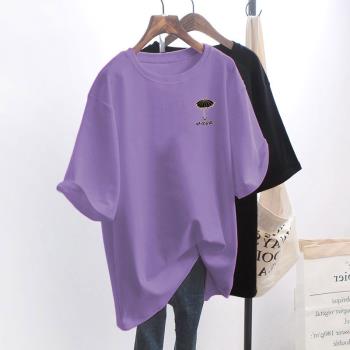 半袖中長款大版寬松春秋紫色t恤