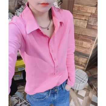 2024春新款POLO領紐扣T恤女修身顯瘦百搭設計感小眾長袖上衣ins潮